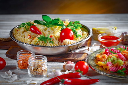 Fusilli pasta with tomato sauce and herbs in a metal bowlの写真素材