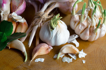 Garlic and garlic cloves on a wooden background. Selective focus.の写真素材