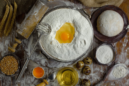 Baking background. Flour, eggs and wheat on the table