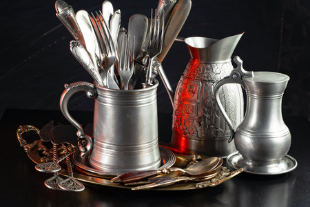Vintage silverware on a black background. Selective focus.の写真素材