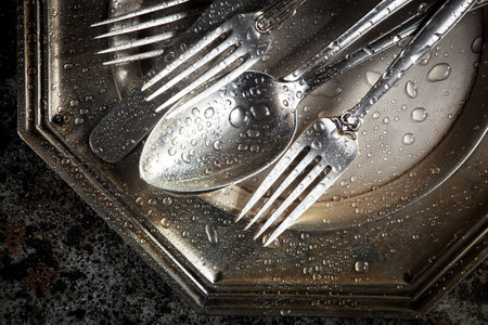 Close up of cutlery in a metal tray with water dropsの写真素材