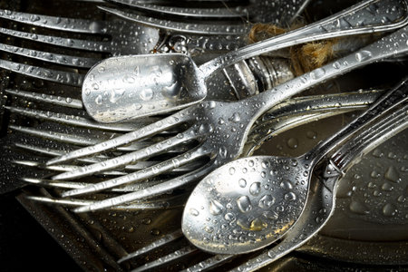 Old silver cutlery on a dark background. Toned.