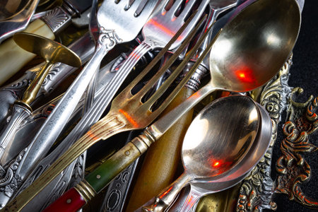 Vintage silverware on a black background. Selective focus.