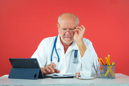 Portrait of senior doctor using tablet computer while sitting at desk against red backgroundの写真素材