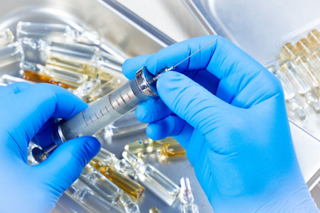 Syringe in the hands of a medical worker, close-upの写真素材