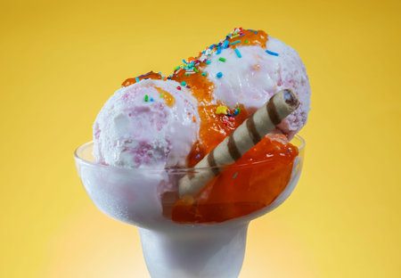 ice cream scoops in a glass with ice cream on a yellow background