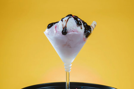 Strawberry ice cream with chocolate sauce on a yellow background.