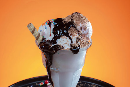 Ice cream with chocolate and ice-cream sundae on orange background