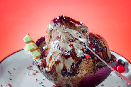 Chocolate ice cream with chocolate syrup and berries on red background.