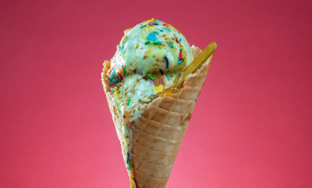 Ice cream cone with multicolored sprinkles on a pink backgroundの写真素材