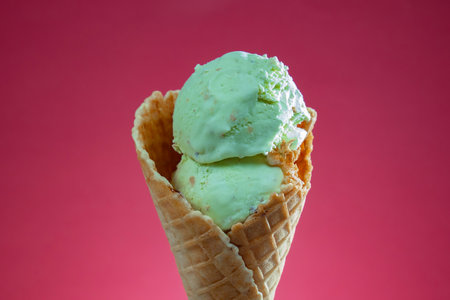 Ice cream scoops in a waffle cone on a pink backgroundの写真素材