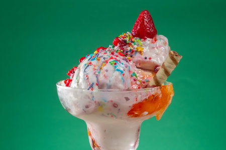 Vanilla ice cream with strawberry and whipped cream on a green background