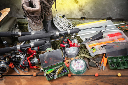 Fishing tackle on a wooden table. Fishing tackle on a wooden background.