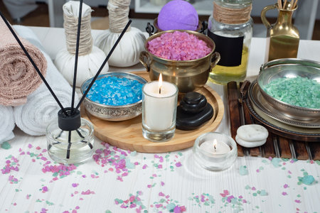 Spa and aromatherapy items on white wooden table, close upの写真素材