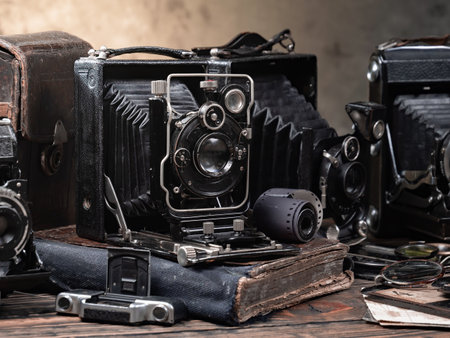 Vintage camera on a wooden table with old books on the backgroundの写真素材