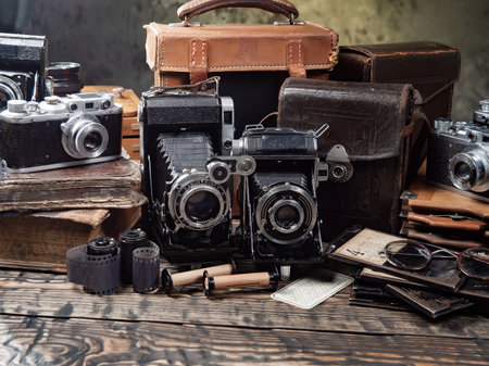 Vintage photo camera and other old things on a wooden table.の写真素材