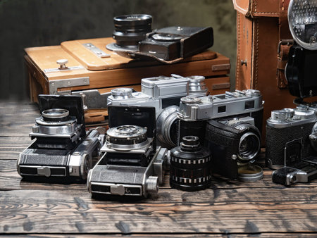Old camera on a wooden background. Vintage camera, retro camera.