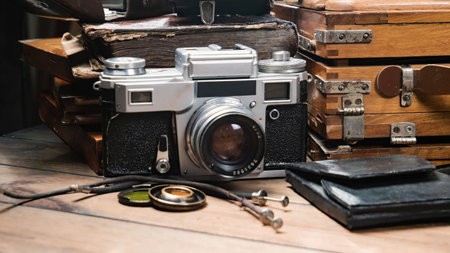 Vintage camera and old travel items on a wooden table. Travel concept