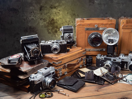 Vintage photo camera and other old things on a wooden table.の写真素材