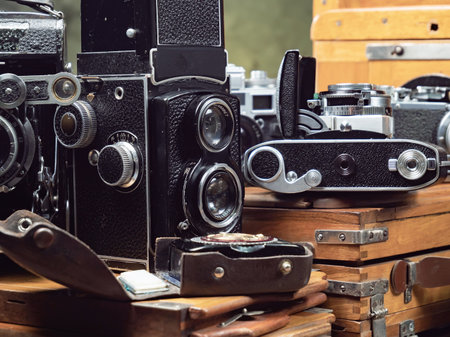 Vintage camera on the background of old things. Close-up