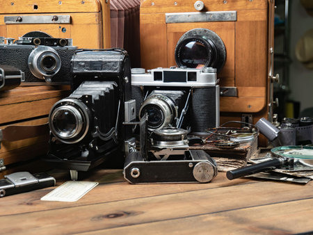 Vintage camera on a wooden table in a photo studio. Retro camera