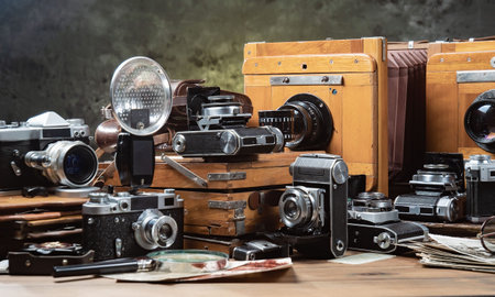 Vintage camera on a wooden table. Photo in old color image style.
