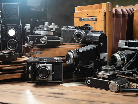 Vintage camera on a wooden table with other old objects in the backgroundの写真素材