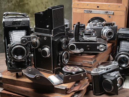 Old camera on a wooden table in a photo studio. Vintage cameraの写真素材