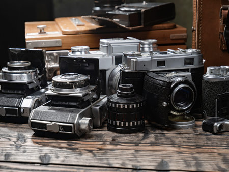 Vintage camera on a wooden table. Retro camera.