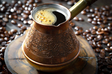 Coffee in a copper cezve on an old backgroundの写真素材