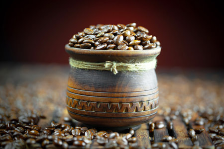 Coffee beans in a wooden pot on a dark background.の写真素材