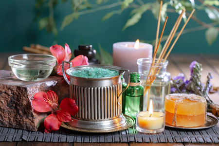 Spa still life with candles, sea salt and flowers on wooden backgroundの写真素材