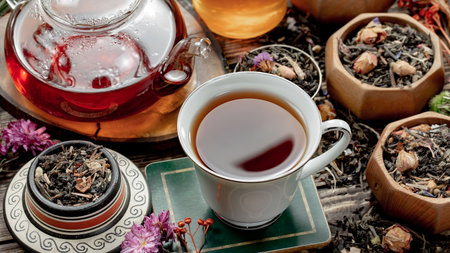 Tea hot drink on old background in composition on the table with accessoriesの写真素材