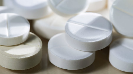 Close up of white pills. Focus on foreground, shallow DOF.