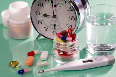 Pills in glass jar, thermometer and glass of water on green background