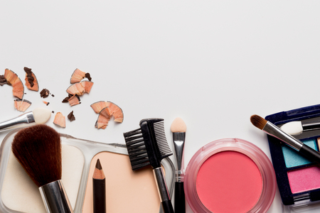 cosmetics on white background top view.の写真素材
