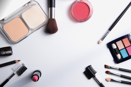 cosmetics on white background top view.の写真素材