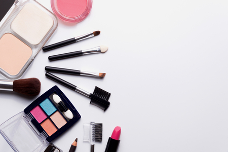 cosmetics on white background top view.の写真素材