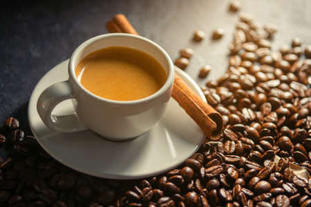 Espresso coffee With coffee beans in the morning background.の写真素材