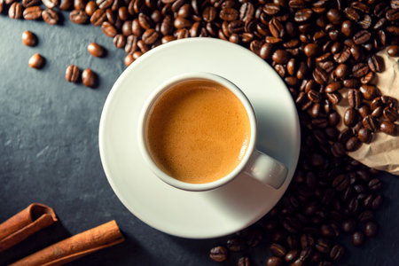Espresso coffee With coffee beans in the morning background.の写真素材