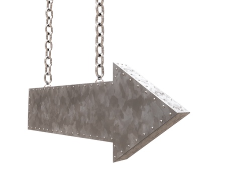 metal arrow with chains isolated on white の写真素材