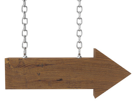 wooden arrow with chain isolated on white の写真素材