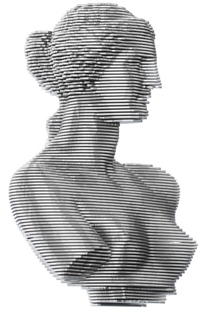 layered sculpture from aluminum sheets isolated on white の写真素材