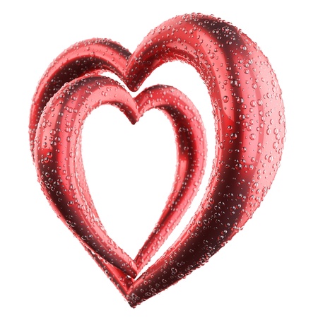 two crossed red hearts with water drop isolated on white の写真素材