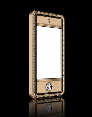 Gold phone with  blank touch screen and the diamond button for VIP  isolated on black background  perspective version の写真素材