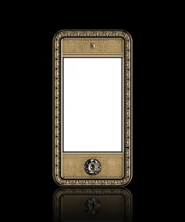 Gold phone with  blank touch screen and the diamond button for VIP  isolated on black background  front version の写真素材