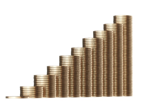 revenue growth in the form of piles of golden coins isolated on white background  first version の写真素材