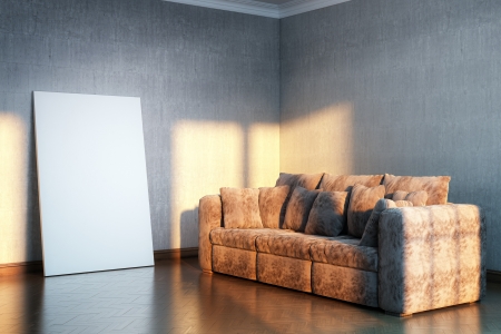 interior for the rest  version with brown velvet sofa and empty frame for picture の写真素材