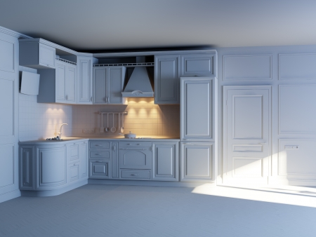 Classic kitchen cabinets in new interior  grey materials の写真素材