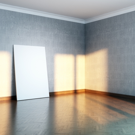 grey gallery room with blank frame on parquet floorの写真素材